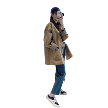 Női pamutból készült windbreaker laza szabású, középhosszú, khaki színű, kontrasztos részletekkel