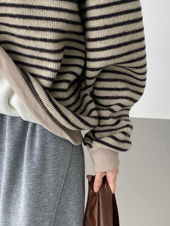 Női fleece-béléssel bélelt csíkos pulóver, lazán szabott, koreai stílus, kerek nyakú, mindennapi felső 6173
