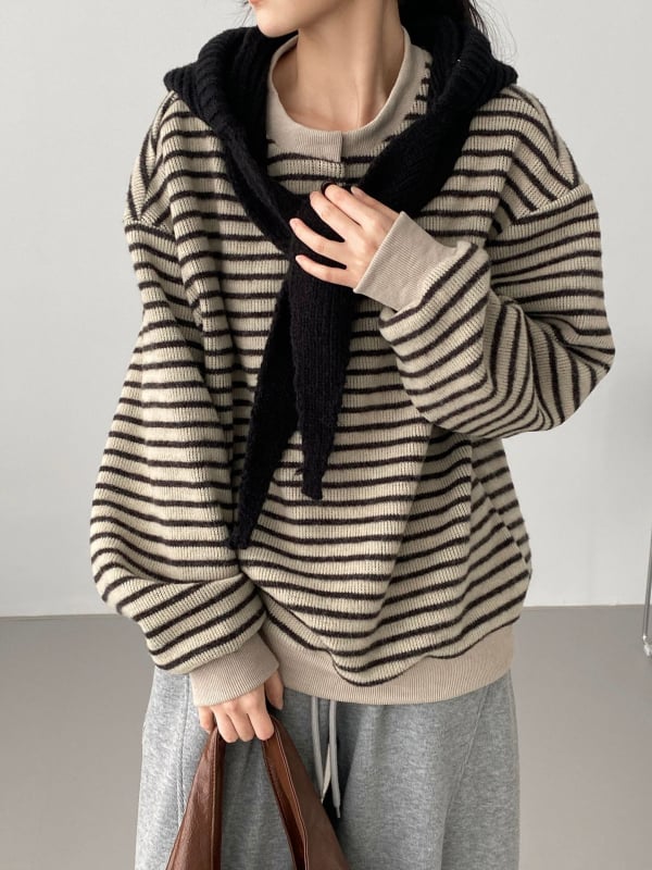 Női fleece-béléssel bélelt csíkos pulóver, lazán szabott, koreai stílus, kerek nyakú, mindennapi felső 6173