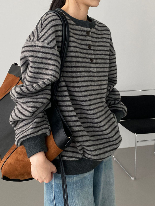 Női fleece-béléssel bélelt csíkos pulóver, lazán szabott, koreai stílus, kerek nyakú, mindennapi felső 6173