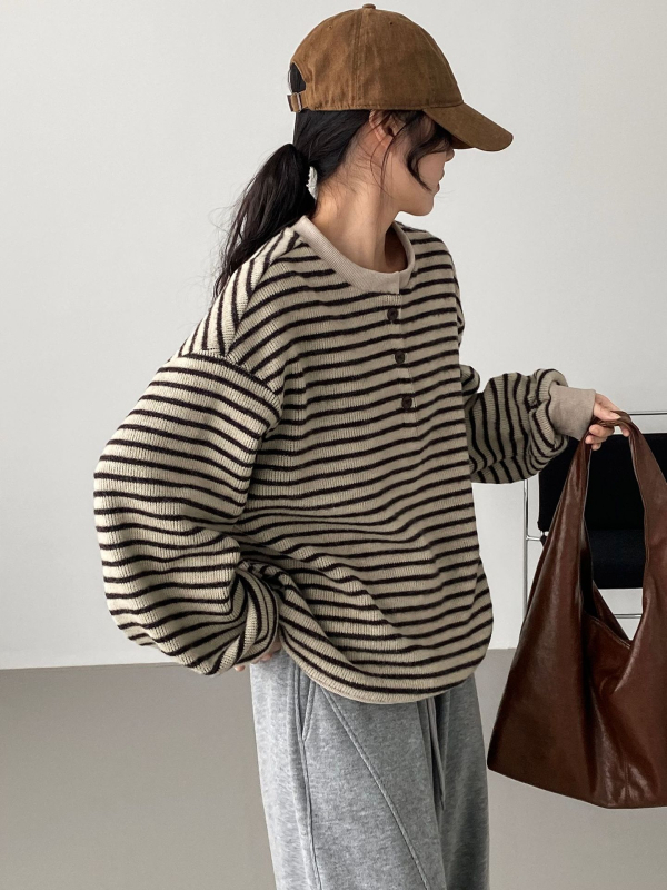 Női fleece-béléssel bélelt csíkos pulóver, lazán szabott, koreai stílus, kerek nyakú, mindennapi felső 6173