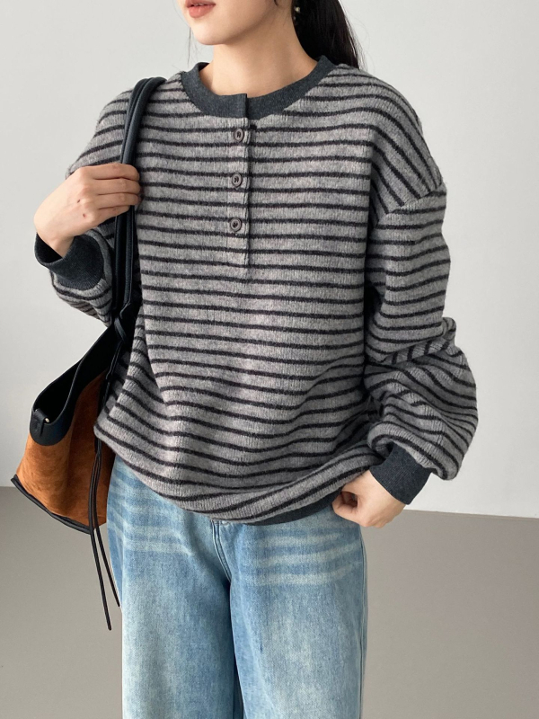 Női fleece-béléssel bélelt csíkos pulóver, lazán szabott, koreai stílus, kerek nyakú, mindennapi felső 6173