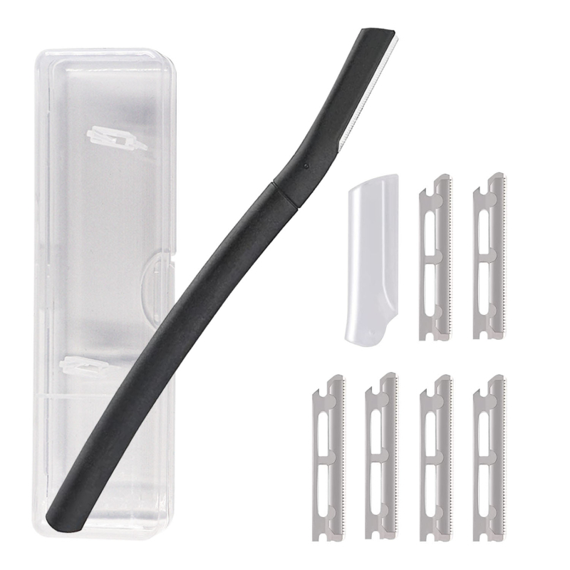 Trimmer negru pentru barbă și sprâncene, cu șase lame schimbabile în cutie din plastic
