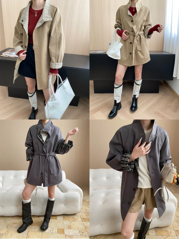 Sinan Reverzibilni dizajn s retro kariranim patchworkom i stojećim ovratnikom, opuštena srednje duga ženska windbreaker jakna SN8099