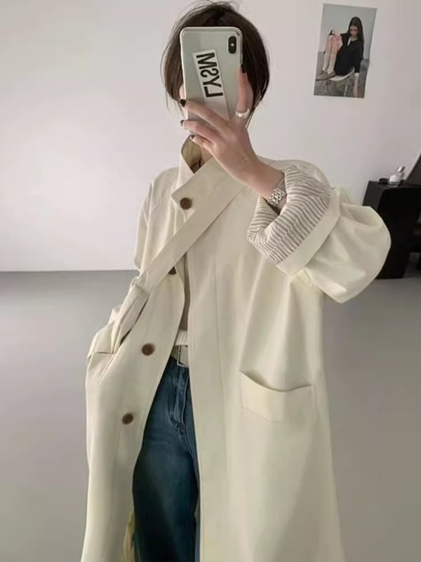 Ženski trench kaput s prugama, boje bež krem, srednje duljine, stojeći ovratnik, korejski stil, ležeran kroj