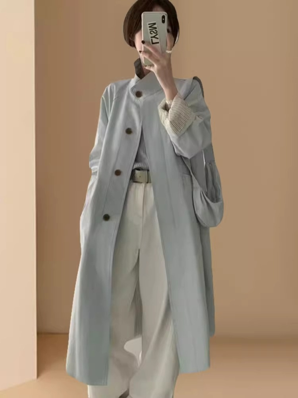Ženski trench kaput s prugama, boje bež krem, srednje duljine, stojeći ovratnik, korejski stil, ležeran kroj