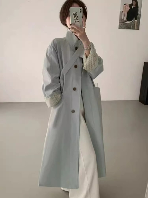 Ženski trench kaput s prugama, boje bež krem, srednje duljine, stojeći ovratnik, korejski stil, ležeran kroj