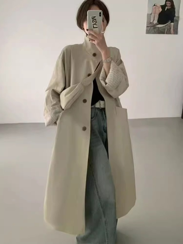 Ženski trench kaput s prugama, boje bež krem, srednje duljine, stojeći ovratnik, korejski stil, ležeran kroj