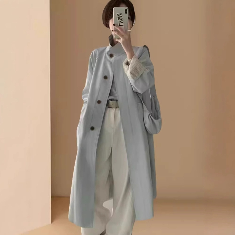 Ženski trench kaput s prugama, boje bež krem, srednje duljine, stojeći ovratnik, korejski stil, ležeran kroj
