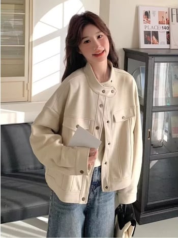 Ženska kratka semiš jakna kremasto-bijele boje, jesen-zima, korejskog stila, elegantan casual komad s visokim ovratnikom, pogodna za niši rast