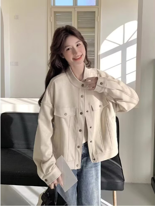 Ženska kratka semiš jakna kremasto-bijele boje, jesen-zima, korejskog stila, elegantan casual komad s visokim ovratnikom, pogodna za niši rast