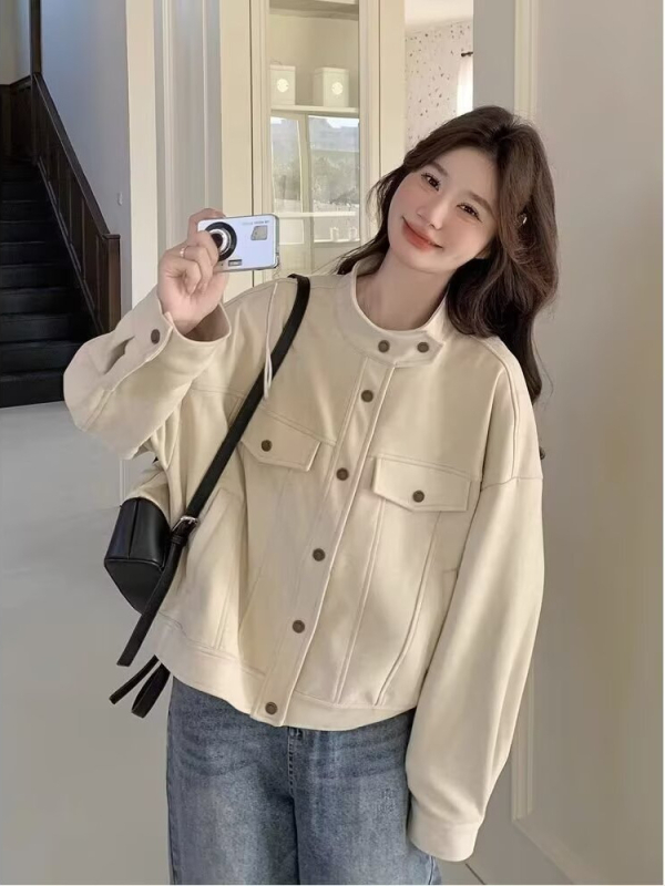 Ženska kratka semiš jakna kremasto-bijele boje, jesen-zima, korejskog stila, elegantan casual komad s visokim ovratnikom, pogodna za niši rast