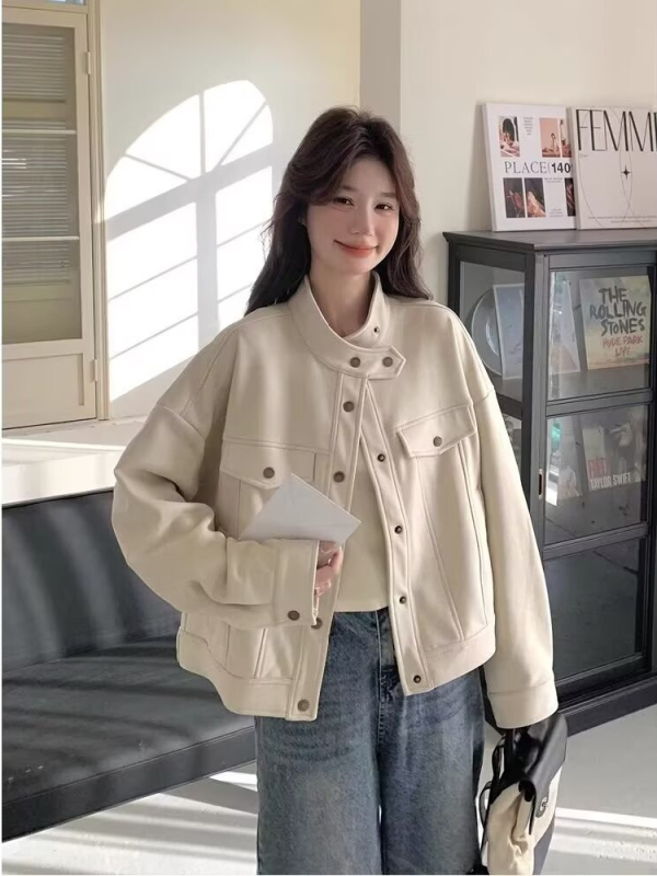 Ženska kratka semiš jakna kremasto-bijele boje, jesen-zima, korejskog stila, elegantan casual komad s visokim ovratnikom, pogodna za niši rast