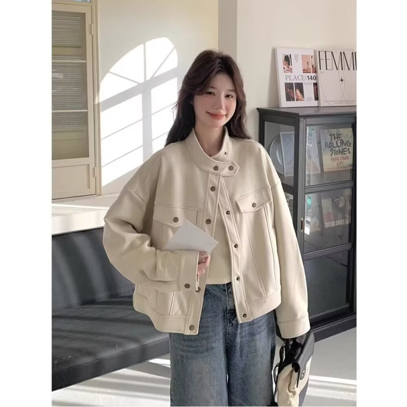 Ženska kratka semiš jakna kremasto-bijele boje, jesen-zima, korejskog stila, elegantan casual komad s visokim ovratnikom, pogodna za niši rast