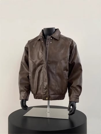 Jachetă din PU pentru bărbați, în stil vintage american retro, cu rever, pentru primăvară și toamnă