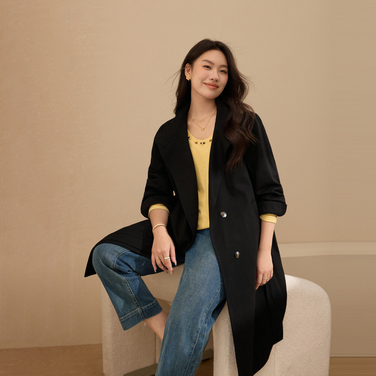 Lingfeng Palton trench în nuanță ambra, croială lejeră, lungime medie, pentru femei plus size, toamnă