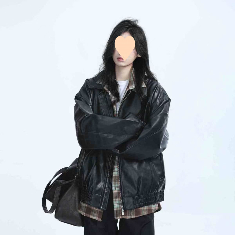 Ženska crna moto jakna u američkom ulično-retro stilu za proljeće i jesen, široki kroj