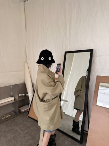 URR Room25S Jesenski trench s pojasom, široka silueta, jednobojna boja, casual stil, uz torbicu, visokokvalitetna tekstura