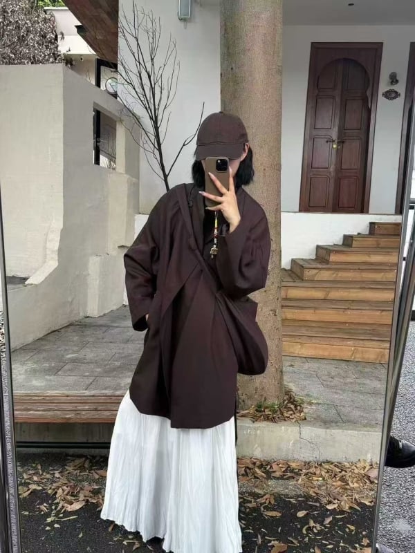 URR Room25S Jesenski trench s pojasom, široka silueta, jednobojna boja, casual stil, uz torbicu, visokokvalitetna tekstura
