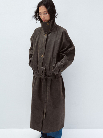 V60094 Trench kaput s jednoslojnim kopčanjem, remen u struku, dugi rukavi, vintage stil, s izblijedjelim pranjem