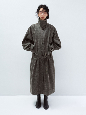 V60094 Trench kaput s jednoslojnim kopčanjem, remen u struku, dugi rukavi, vintage stil, s izblijedjelim pranjem