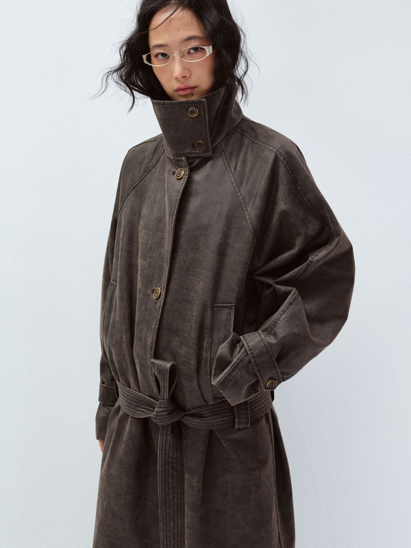 V60094 Trench kaput s jednoslojnim kopčanjem, remen u struku, dugi rukavi, vintage stil, s izblijedjelim pranjem