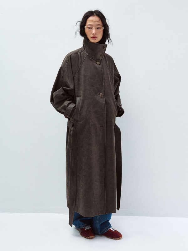 V60094 Trench kaput s jednoslojnim kopčanjem, remen u struku, dugi rukavi, vintage stil, s izblijedjelim pranjem