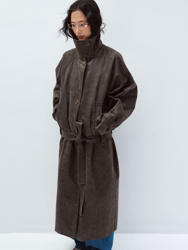 V60094 Trench kaput s jednoslojnim kopčanjem, remen u struku, dugi rukavi, vintage stil, s izblijedjelim pranjem