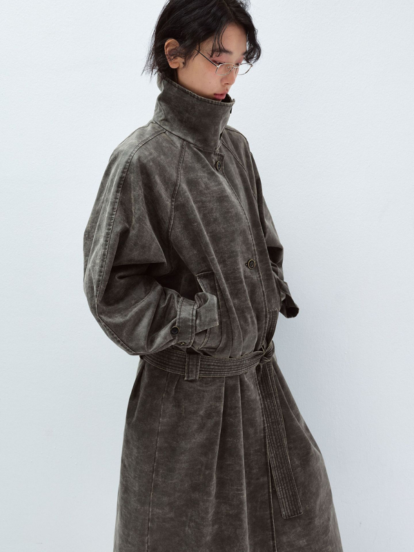 V60094 Trench kaput s jednoslojnim kopčanjem, remen u struku, dugi rukavi, vintage stil, s izblijedjelim pranjem