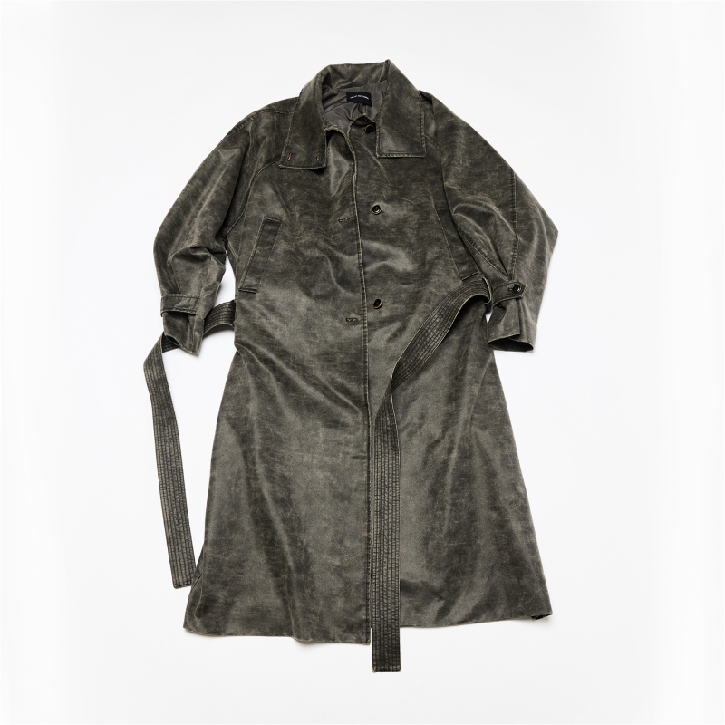 V60094 Trench kaput s jednoslojnim kopčanjem, remen u struku, dugi rukavi, vintage stil, s izblijedjelim pranjem