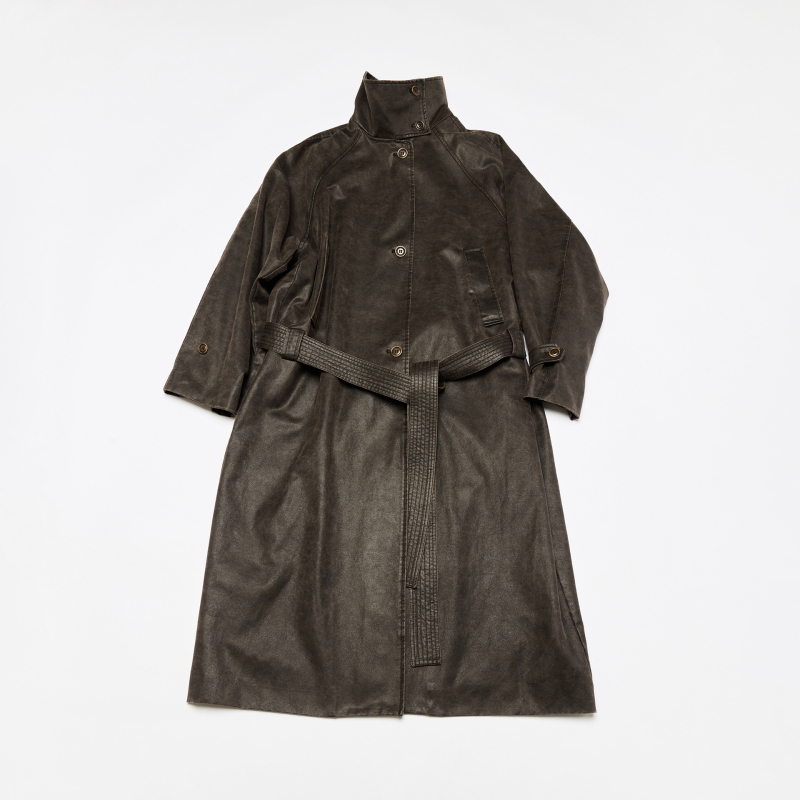 V60094 Trench kaput s jednoslojnim kopčanjem, remen u struku, dugi rukavi, vintage stil, s izblijedjelim pranjem