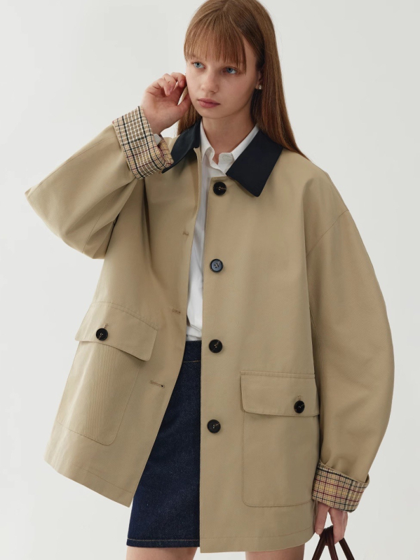 Benview Ženski kratki trench kaput s retro dizajnom, jesen 2025, rever s kontrastnim bojama