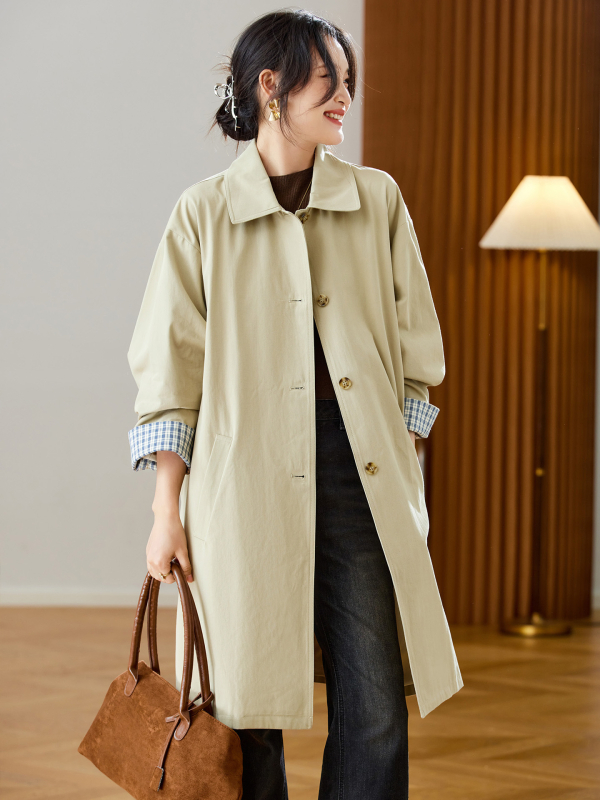 Női pamut cocoon fazonú khaki trench kabát, középhosszú, 2026 tavasz–ősz kollekció, brit vintázs stílus