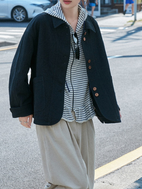 Teksturirani nordijski retro kratki trench coat blazer za jesen-zimu, ležeran kroj, rever, dugi rukav, za žene