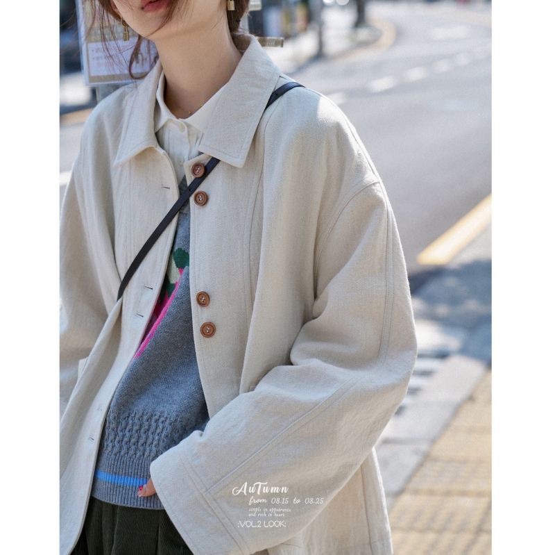 Teksturirani nordijski retro kratki trench coat blazer za jesen-zimu, ležeran kroj, rever, dugi rukav, za žene