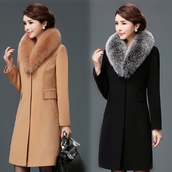 Ženski kaput od vunenog tweed materijala, korejski stil, srednja duljina, ovratnik od vunenog krzna, uski kroj