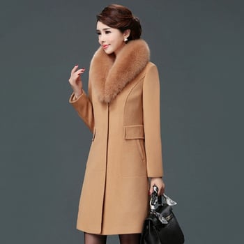 Ženski kaput od vunenog tweed materijala, korejski stil, srednja duljina, ovratnik od vunenog krzna, uski kroj