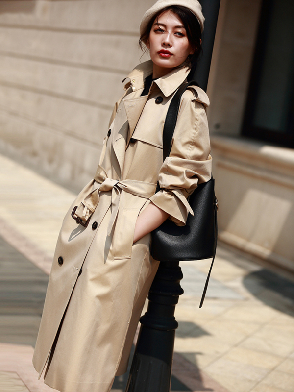 26 proljetna nova windbreaker jakna za žene s kariranim šavovima i khaki bojom, britanski stil, casual dugi kroj 29069