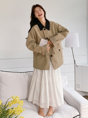 Benview Palton scurt în stil korean pentru femei, primăvara 2026, croială lejeră, guler polo, mâneci lungi, poliester