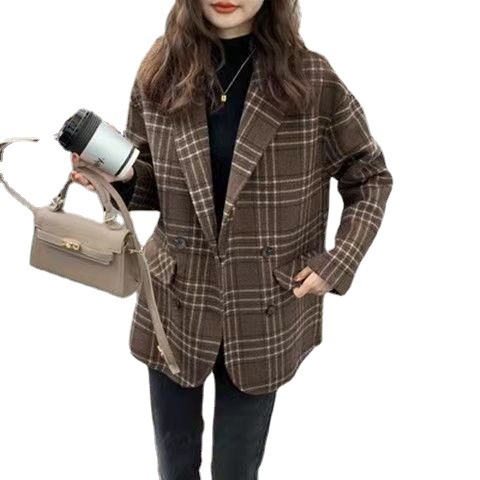 Női gyapjú-kasmír kabát kockás mintával, kétoldalas, középhosszú, koreai stílusú, elegáns