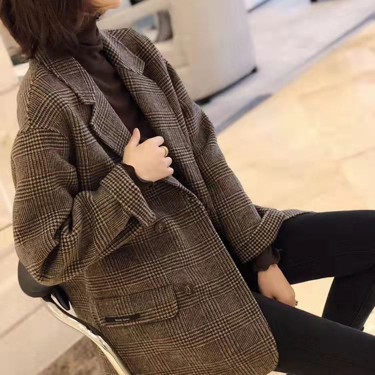 Női gyapjú-kasmír kabát kockás mintával, kétoldalas, középhosszú, koreai stílusú, elegáns