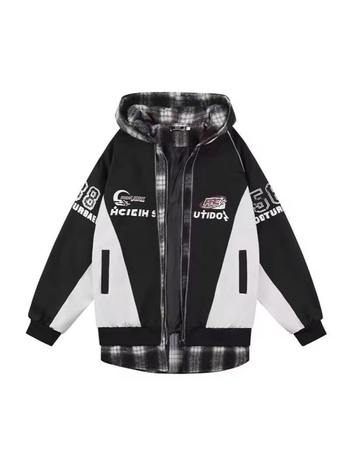 Amerikai stílusú kapucnis pulóver kockás mintával, laza szabású, imitált kétrészes casual baseball dzseki, uniszex