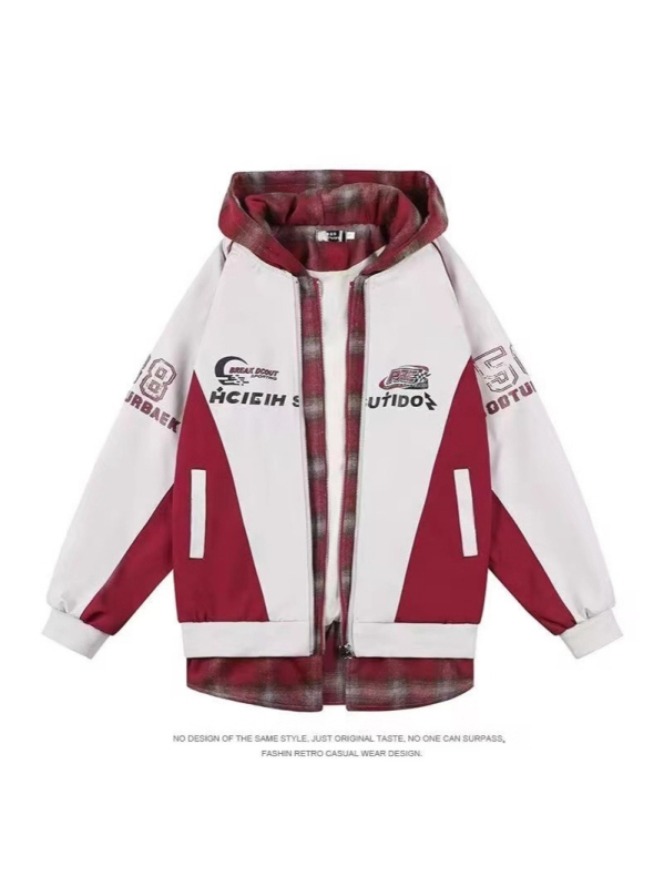 Amerikai stílusú kapucnis pulóver kockás mintával, laza szabású, imitált kétrészes casual baseball dzseki, uniszex