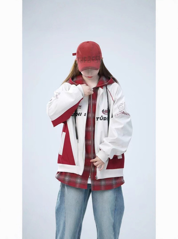 Amerikai stílusú kapucnis pulóver kockás mintával, laza szabású, imitált kétrészes casual baseball dzseki, uniszex