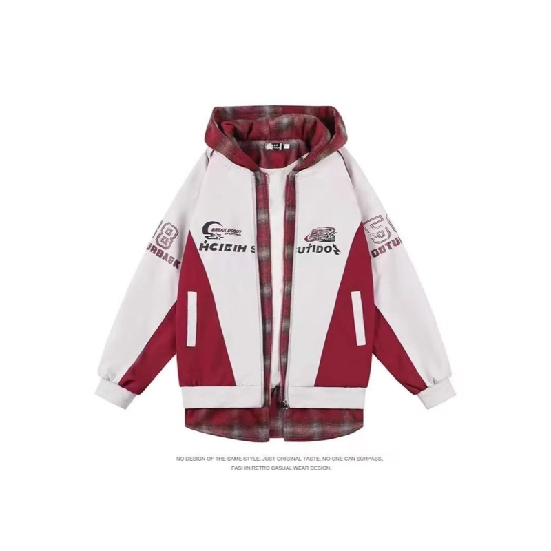 Amerikai stílusú kapucnis pulóver kockás mintával, laza szabású, imitált kétrészes casual baseball dzseki, uniszex