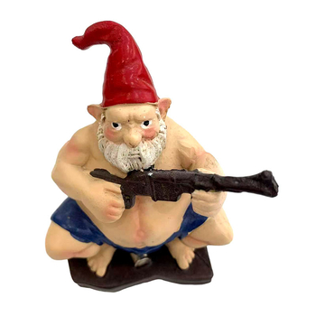 Karikaturalni patuljak s velikim trbušnim i pištolom – vanjska dvorišna dekoracija od smole, mini krajolik