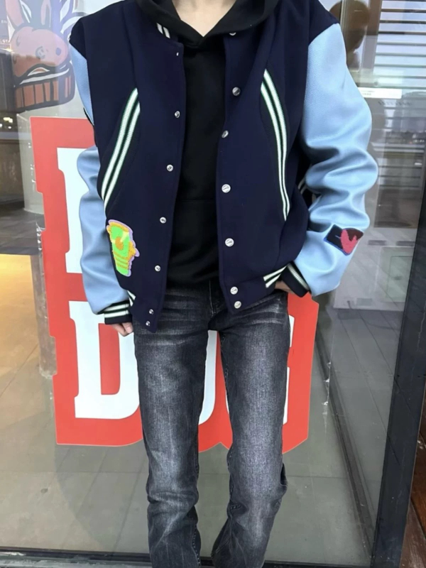 Geacă baseball patchwork în stil american, broderie, casual, pentru bărbați, streetwear