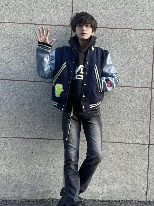 Geacă baseball patchwork în stil american, broderie, casual, pentru bărbați, streetwear