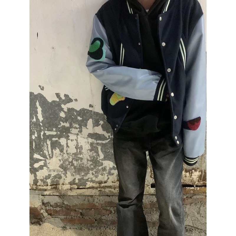 Geacă baseball patchwork în stil american, broderie, casual, pentru bărbați, streetwear