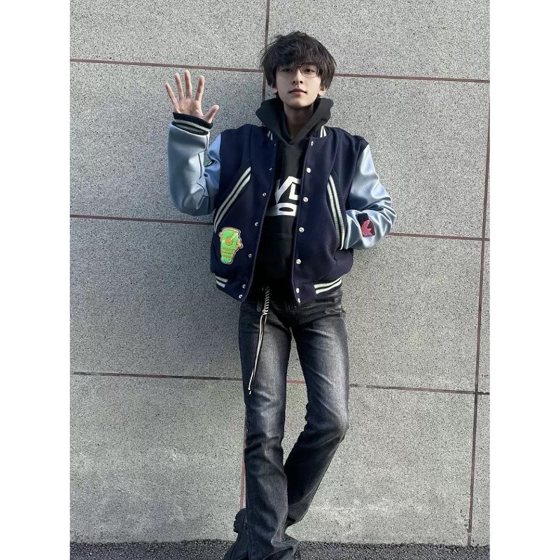 Geacă baseball patchwork în stil american, broderie, casual, pentru bărbați, streetwear
